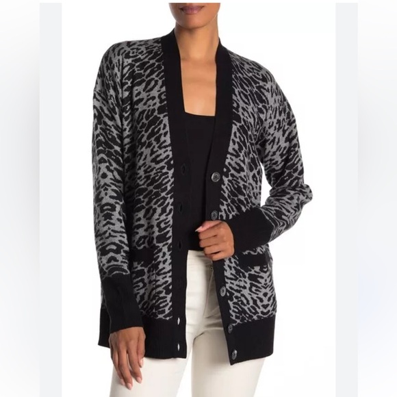 Equipment Sweaters - Equipment Femme Fenwick Leopard-Print Cardigan Wool Cashmere Black Gray Long -XL